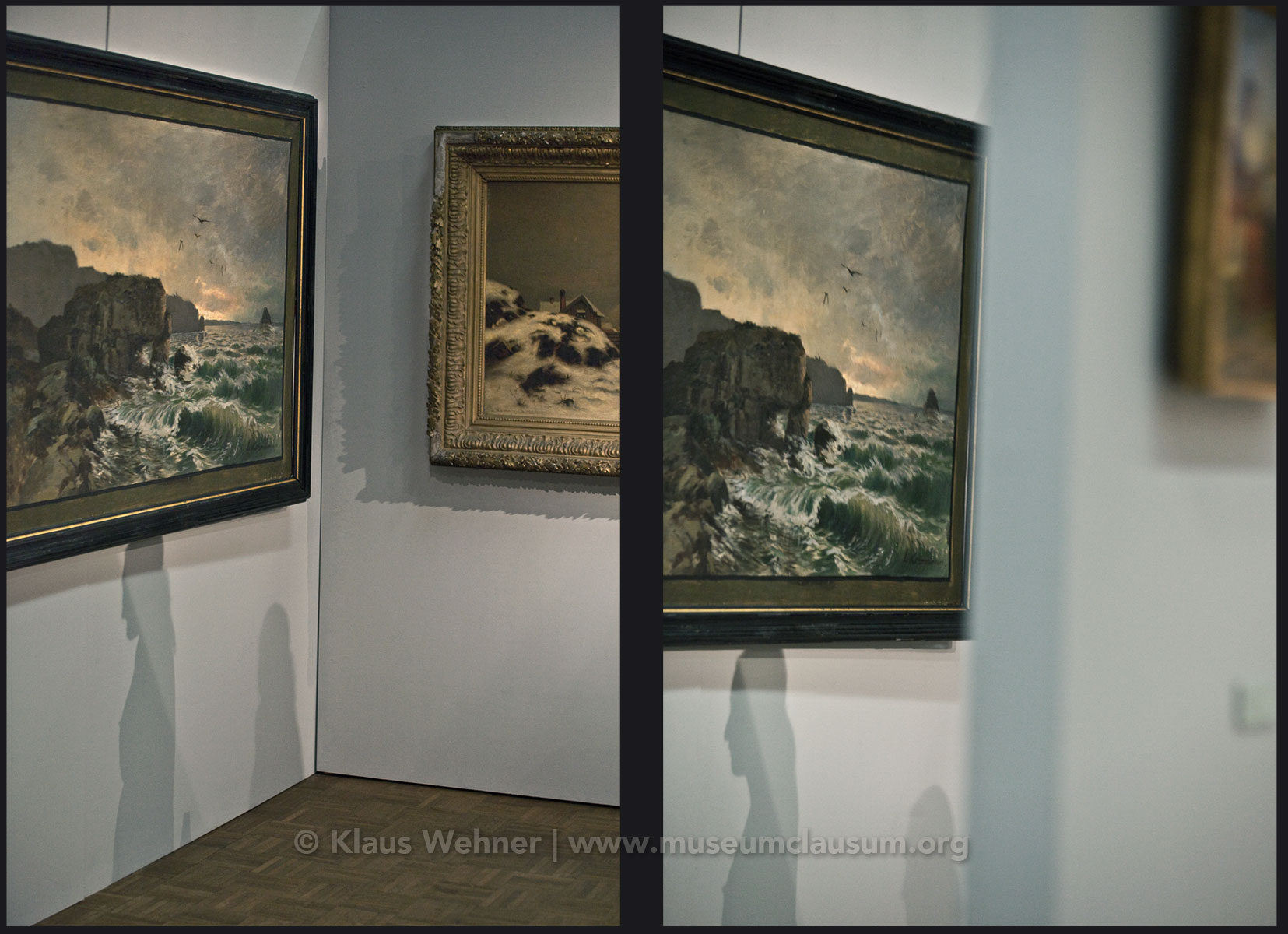 Mittelrhein Museum, Koblenz: Two photos showing crops of exhibits, visitors  and the exhibition space from different angles