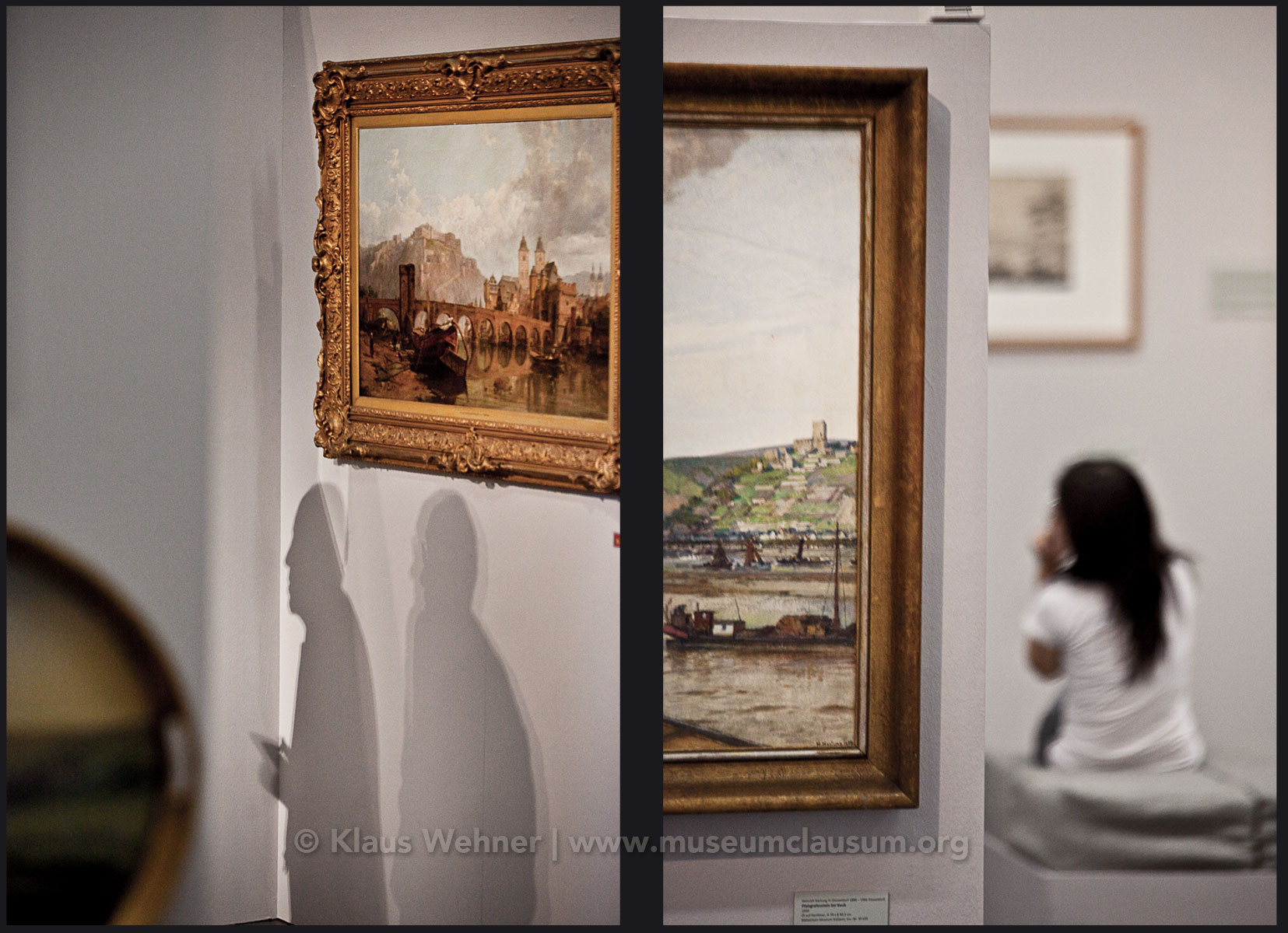 Mittelrhein Museum, Koblenz: Two photos showing crops of exhibits, visitors  and the exhibition space from different angles