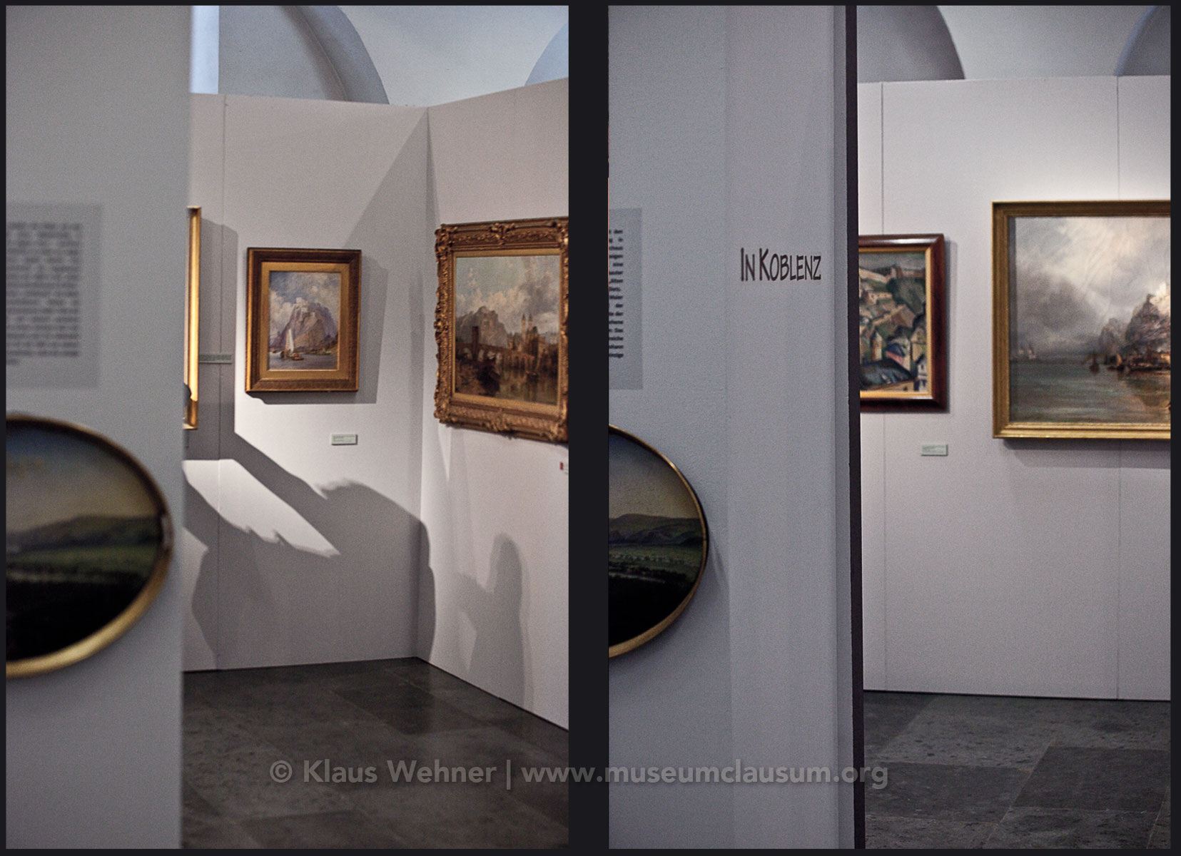 Mittelrhein Museum, Koblenz: Two photos showing crops of exhibits, visitors  and the exhibition space from different angles