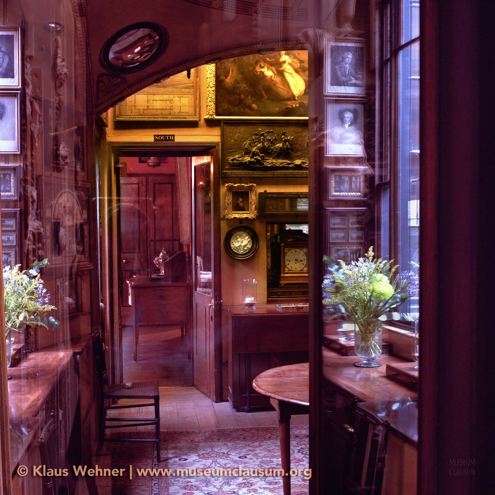 Sir John Soane's Museum: View into the breakfast room also showing a faint reflection of Soene's bust.